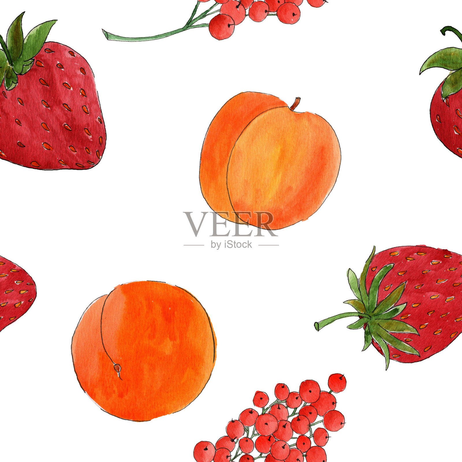水彩绘制无缝模式与醋栗，杏和草莓插画图片素材