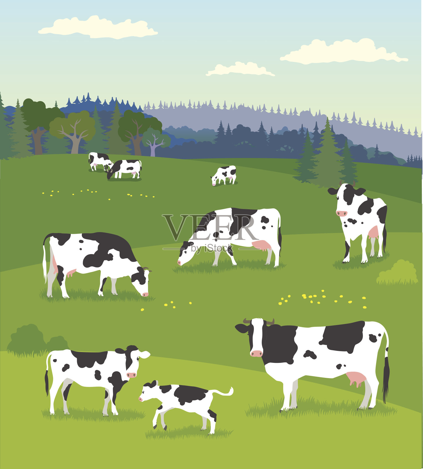 景观与放牧奶牛与婴儿奶牛插画图片素材