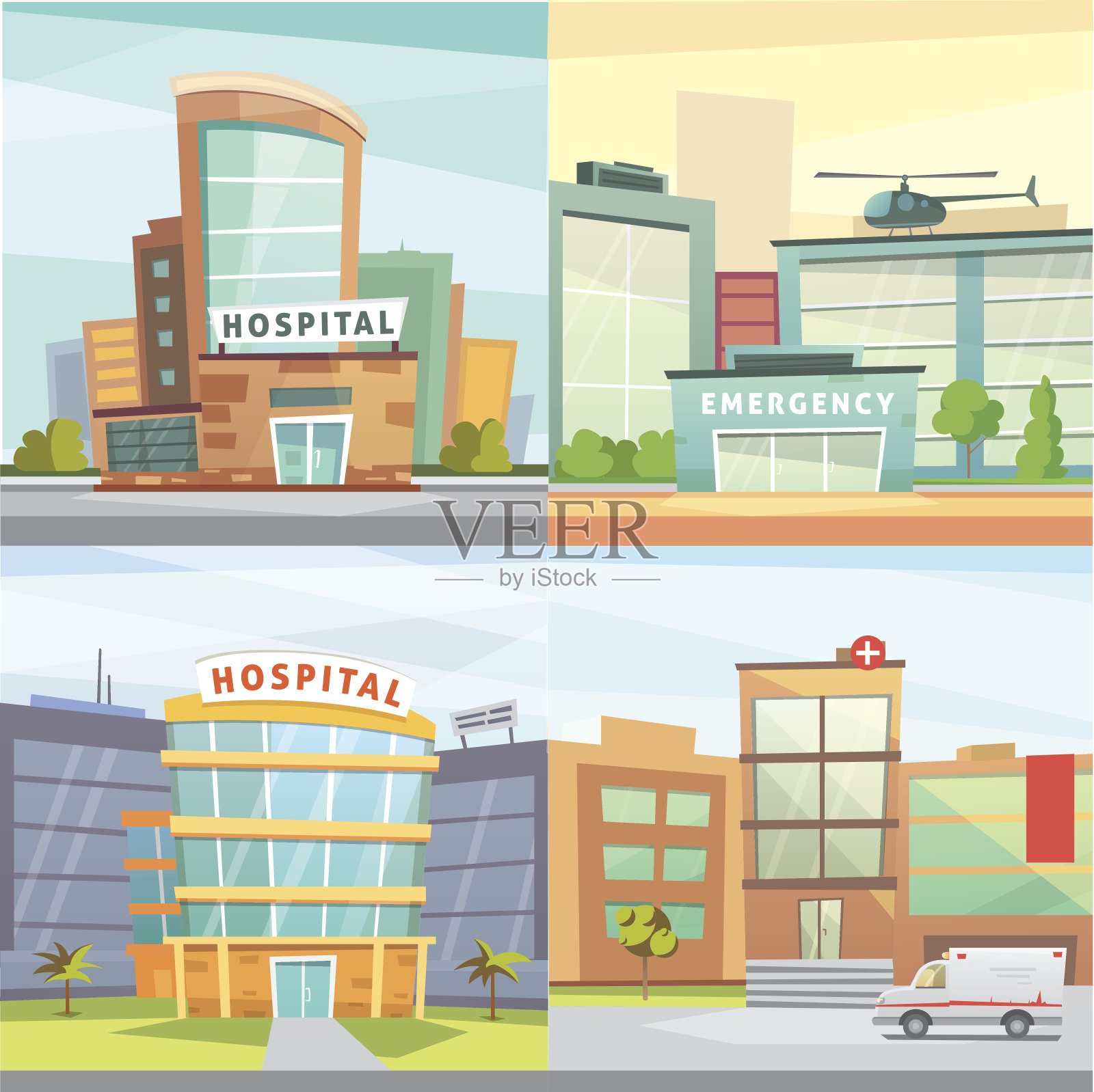 设置医院大楼卡通现代矢量插图。医疗诊所和城市背景。急诊室的外表。插画图片素材