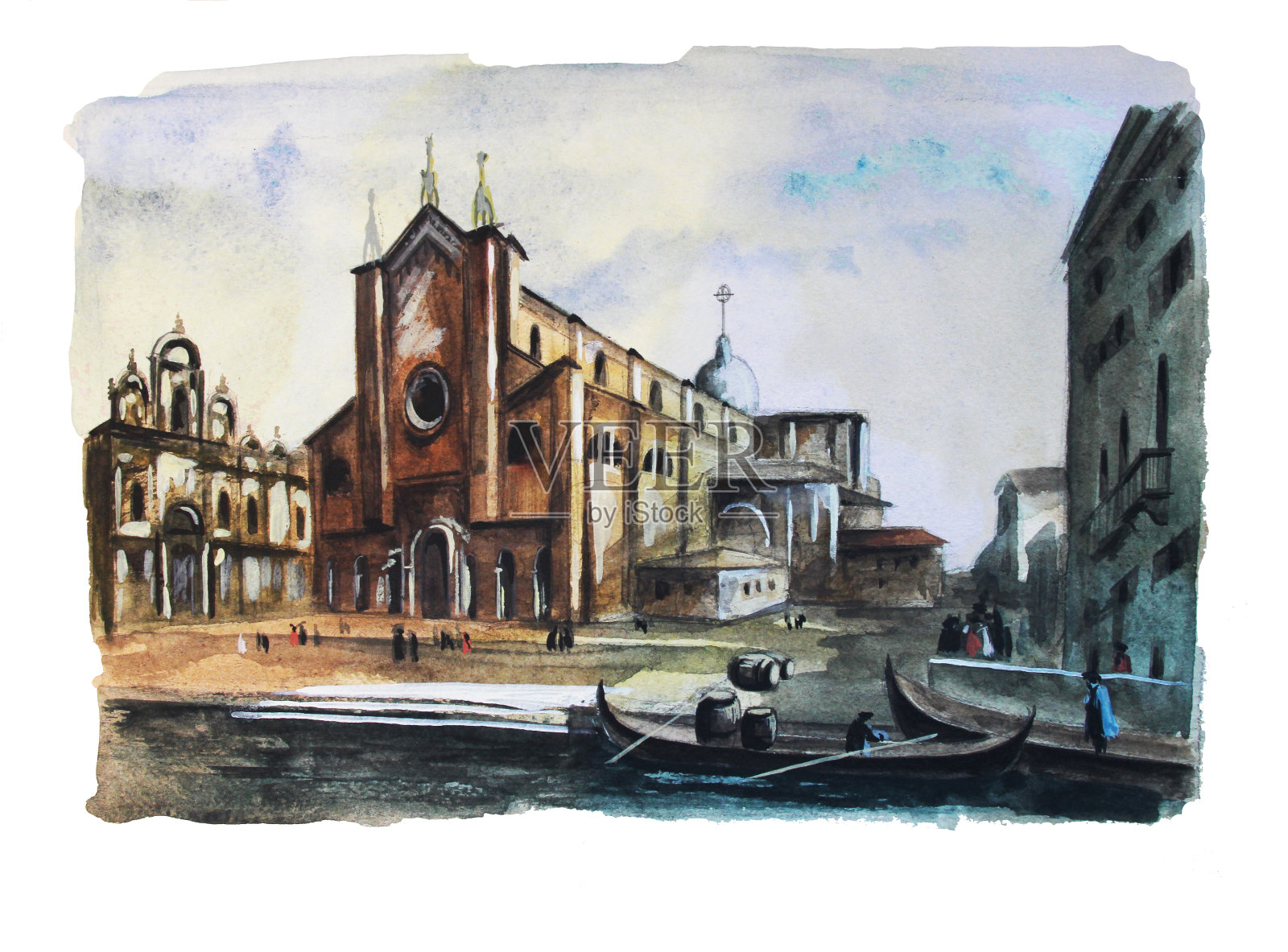 威尼斯教堂，手绘水彩插图插画图片素材