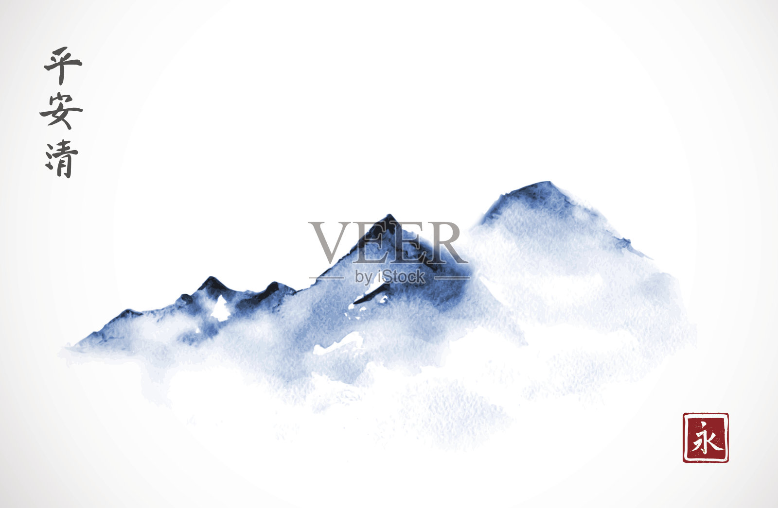 雾中的蓝山，用墨水手绘，极简主义风格。传统的东方水墨画粟娥、月仙、围棋。象形文字-永恒，精神，和平，清晰。插画图片素材