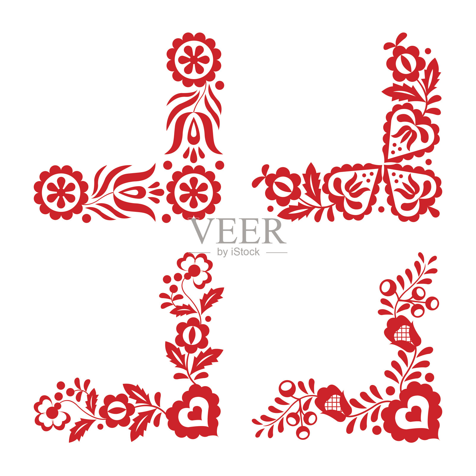 一套四种传统民间饰品，红色刺绣孤立在白色背景上插画图片素材