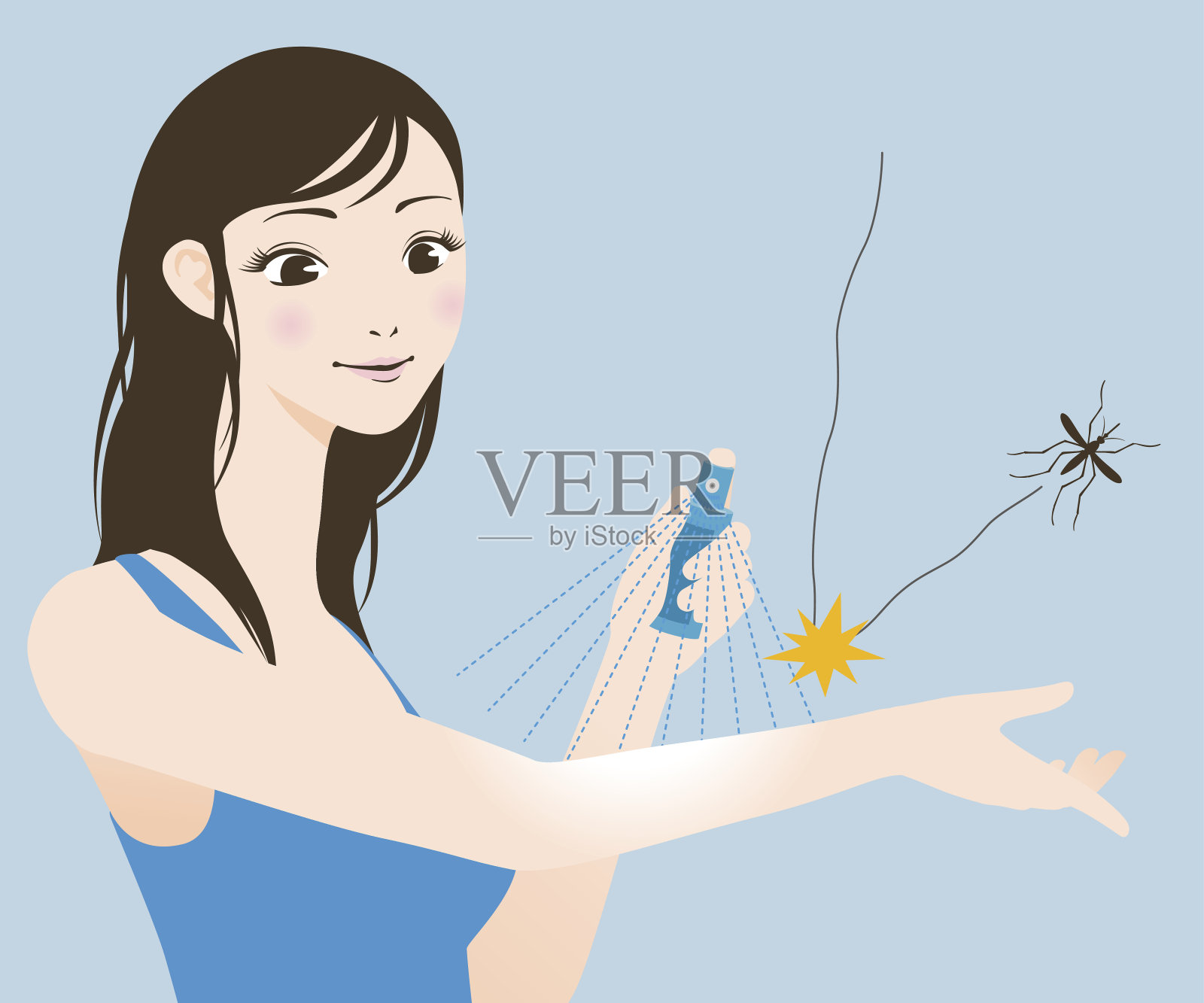 年轻女子把驱虫剂喷在手臂上，矢量插图插画图片素材