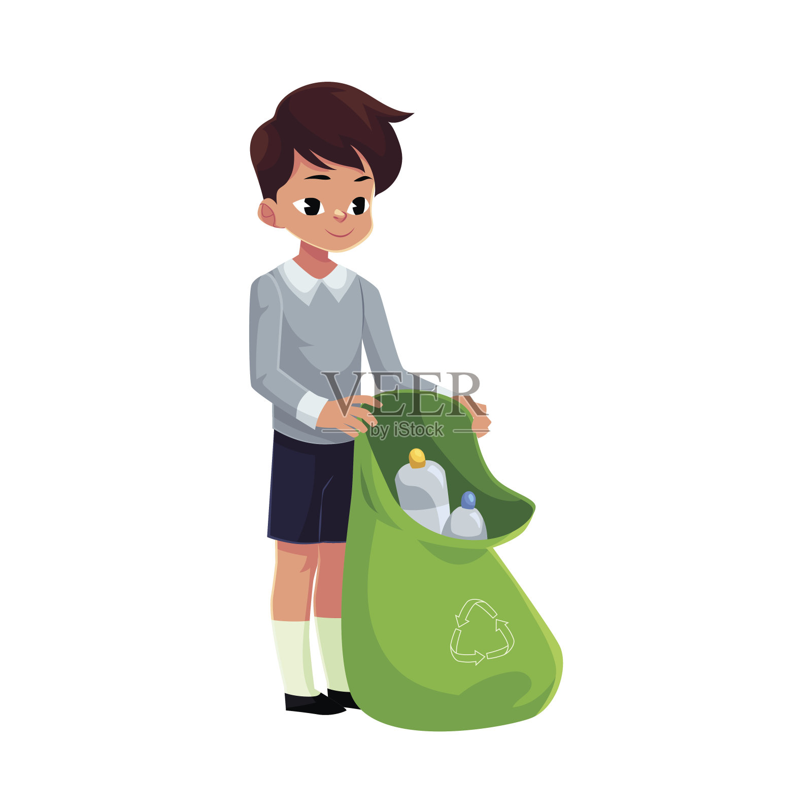 男孩拿着绿色塑料袋的瓶子，垃圾回收的概念插画图片素材