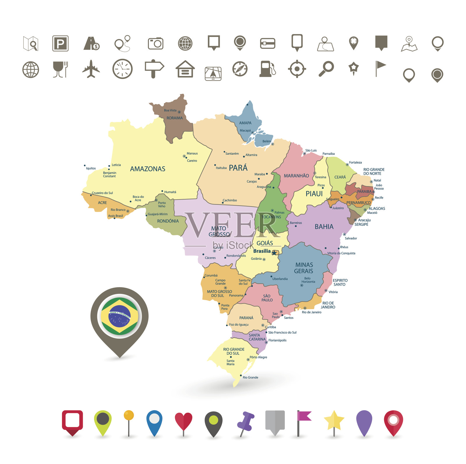 巴西地图与旗帜和导航图标插画图片素材