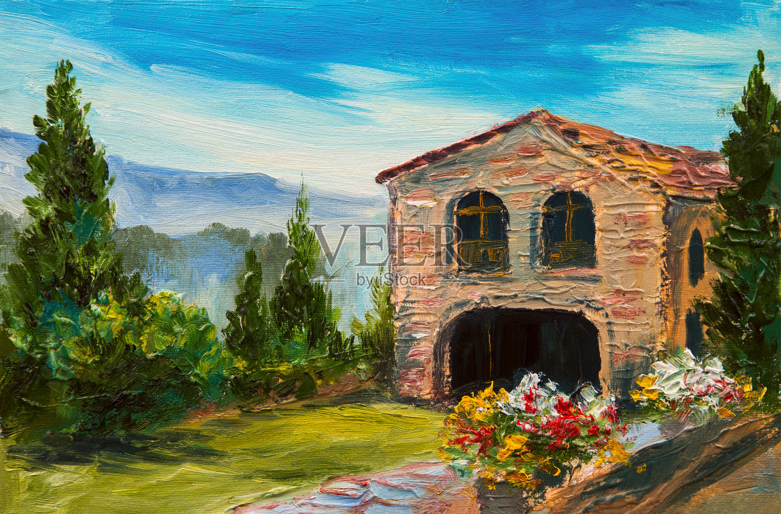 油画-意大利乡村，美丽的山景插画图片素材