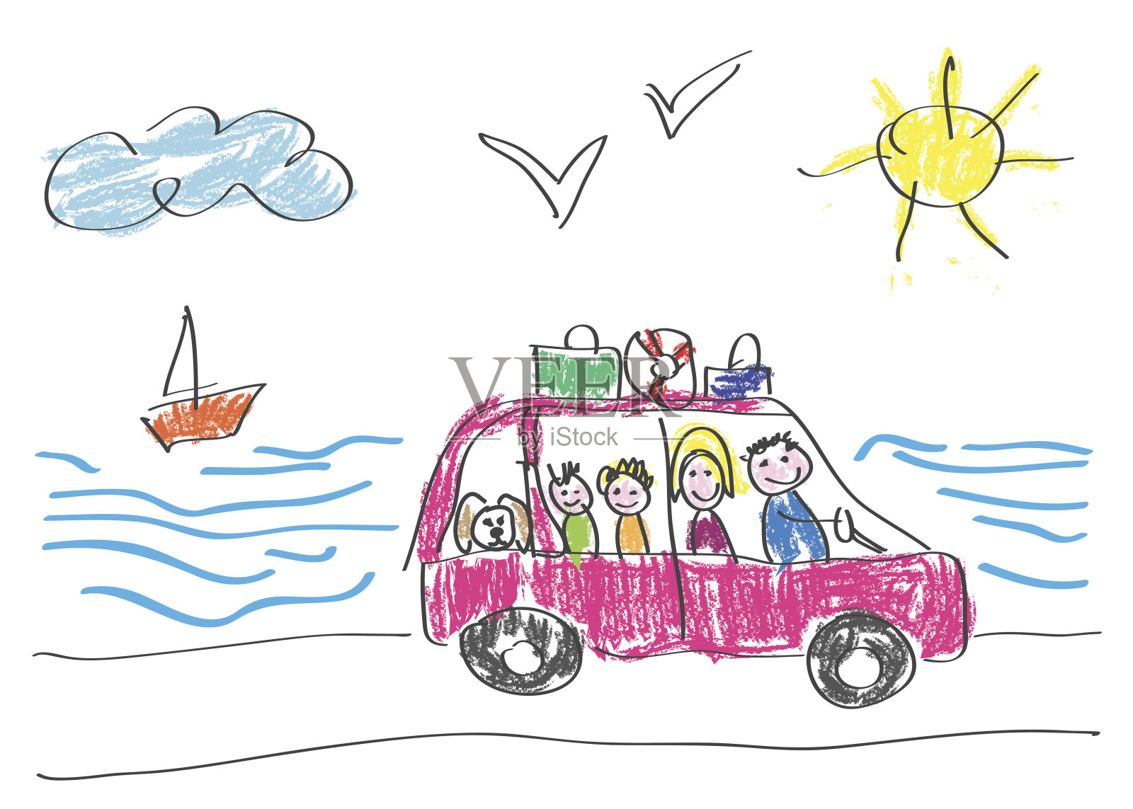 一个孩子画的矢量图，一个快乐的家庭开车去海边度假插画图片素材