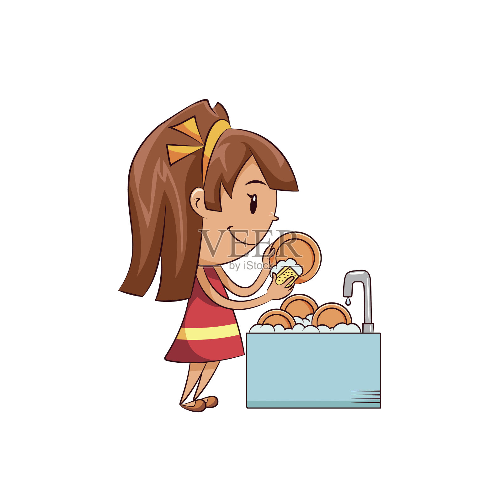 女孩洗碗插画图片素材