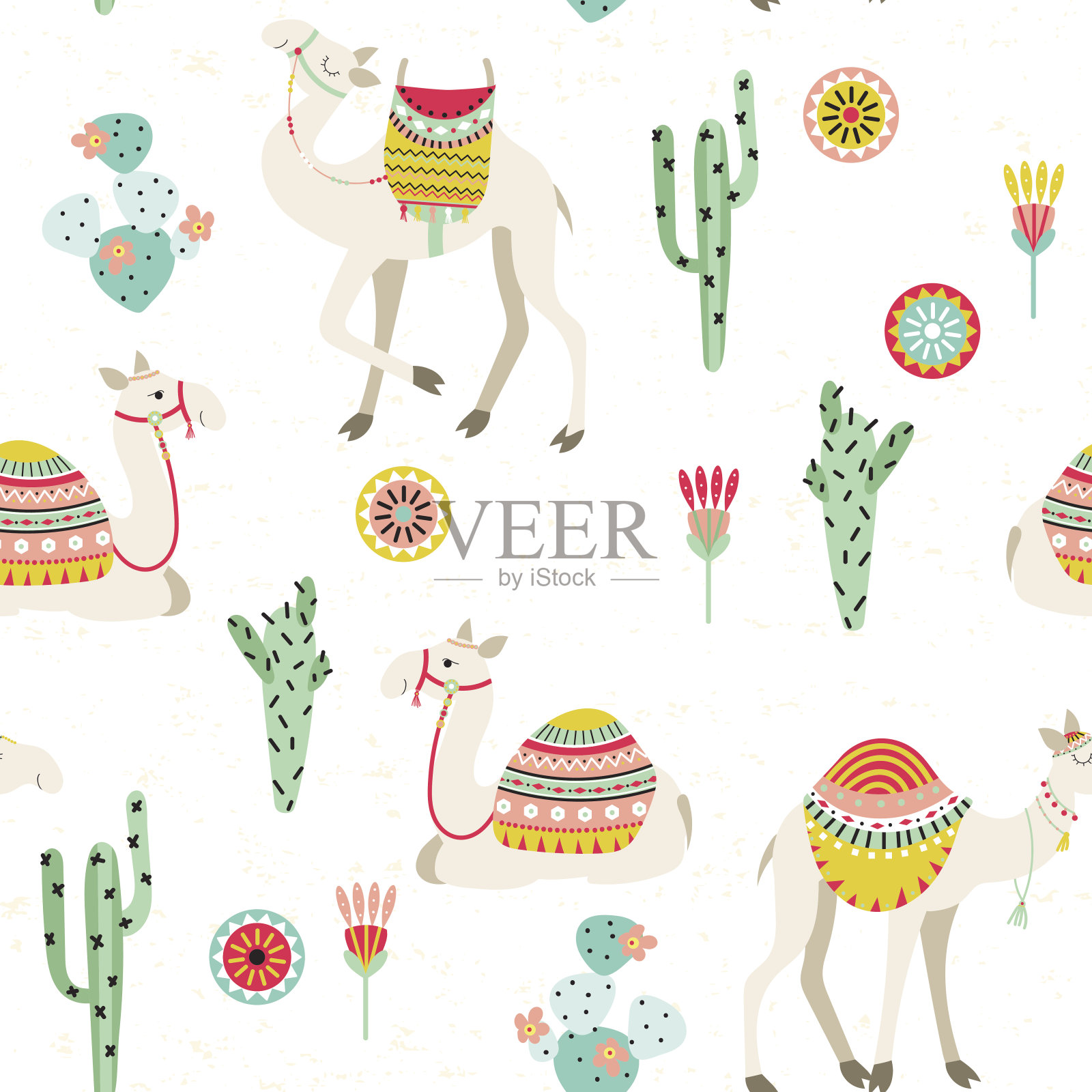 无缝模式与骆驼和仙人掌插画图片素材