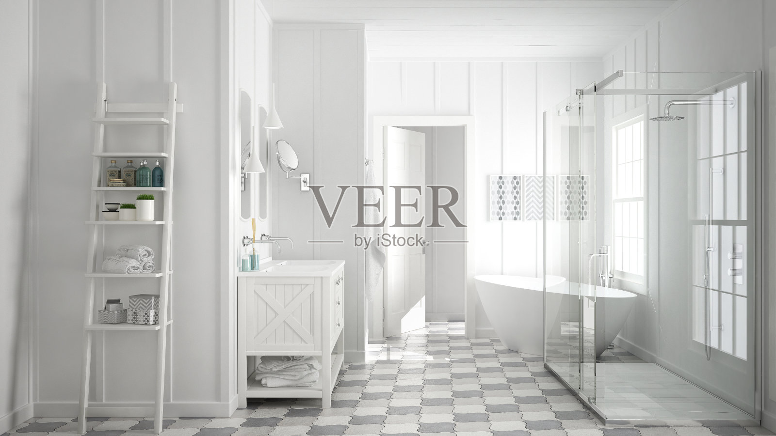 斯堪的纳维亚极简主义白色浴室，淋浴，浴缸和装饰，经典复古室内设计照片摄影图片