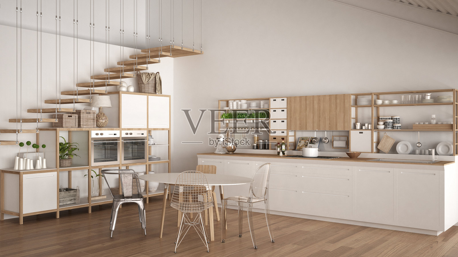 简约的白色木制厨房，阁楼与楼梯，经典的斯堪的纳维亚室内设计照片摄影图片