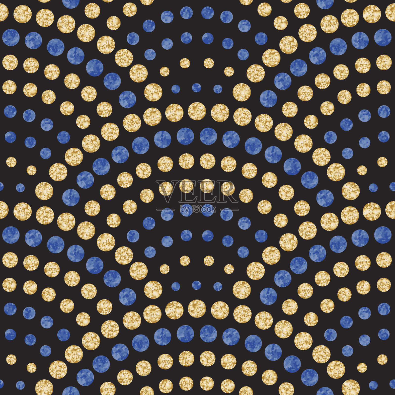 矢量抽象无缝波浪模式与几何鱼鳞布局。水彩蓝色和金色的水滴在黑色的背景。孔雀尾形，扇形。纺织品印花、补页、蜡染插画图片素材