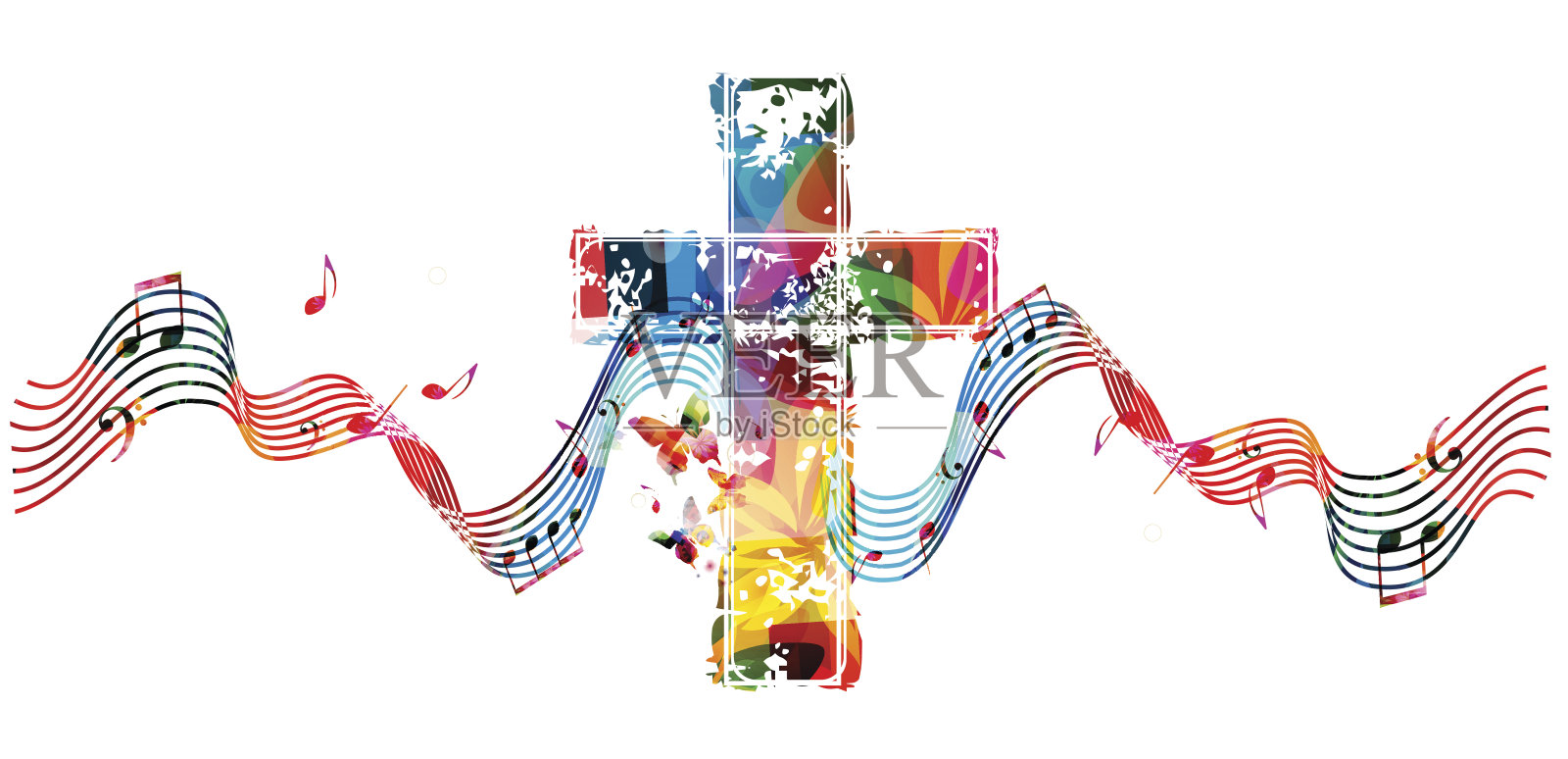 彩色基督教十字架与五线谱和音符插画图片素材