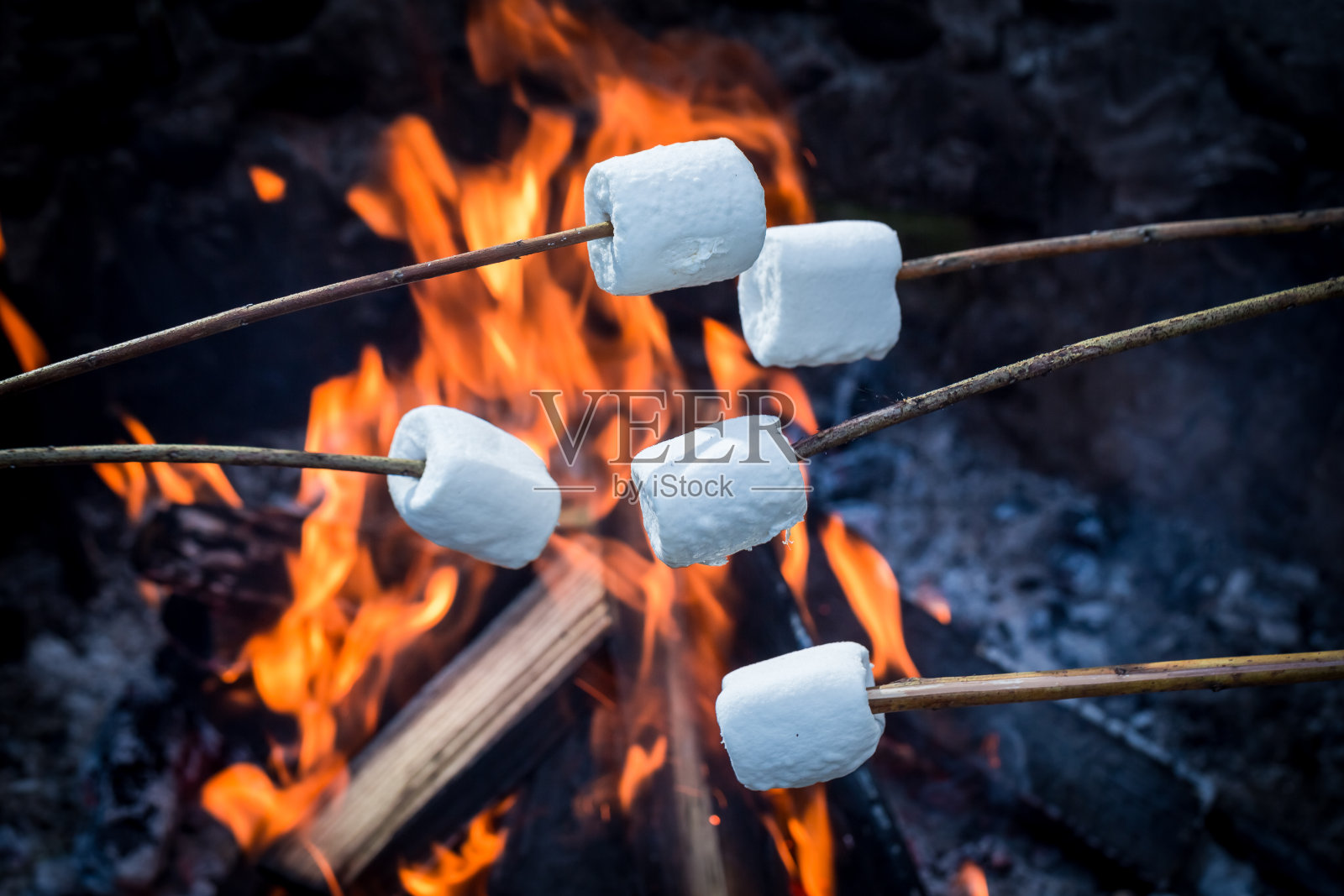 美味又甜的棉花糖串在篝火上照片摄影图片