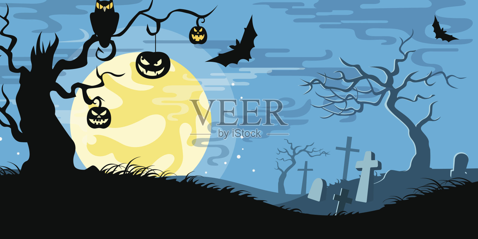 万圣节矢量插图概念模板可怕的墓地死树猫头鹰南瓜蝙蝠满月。背景图片素材