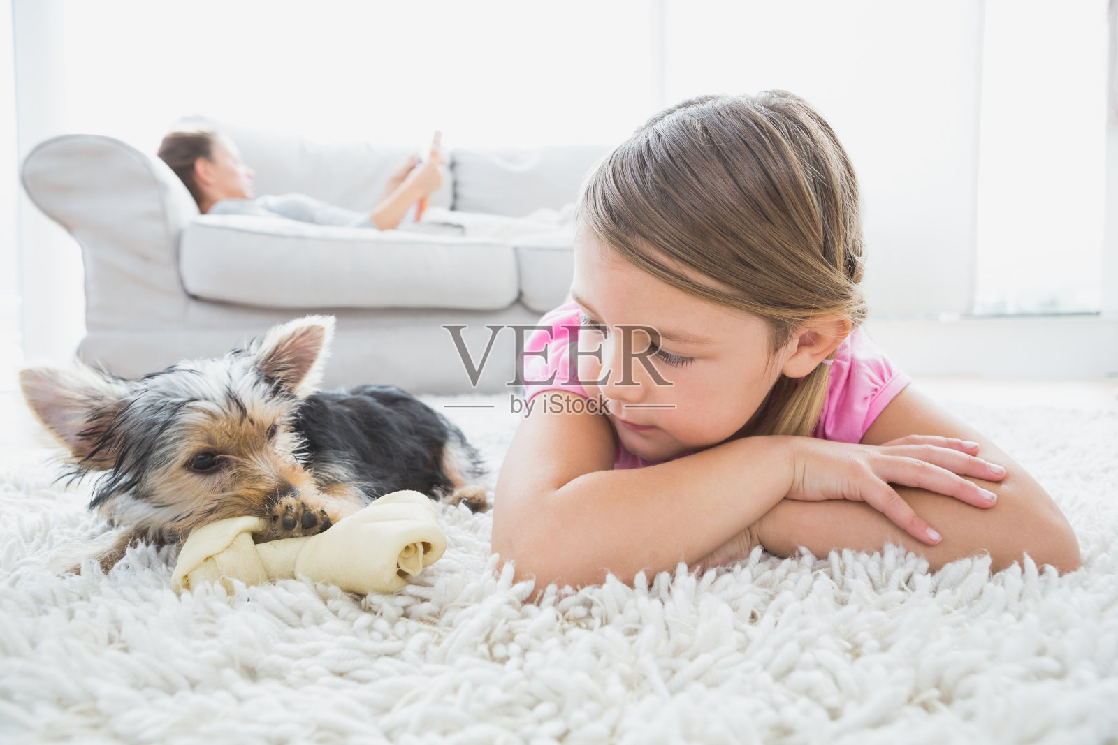 小女孩和约克夏犬躺在地毯上照片摄影图片