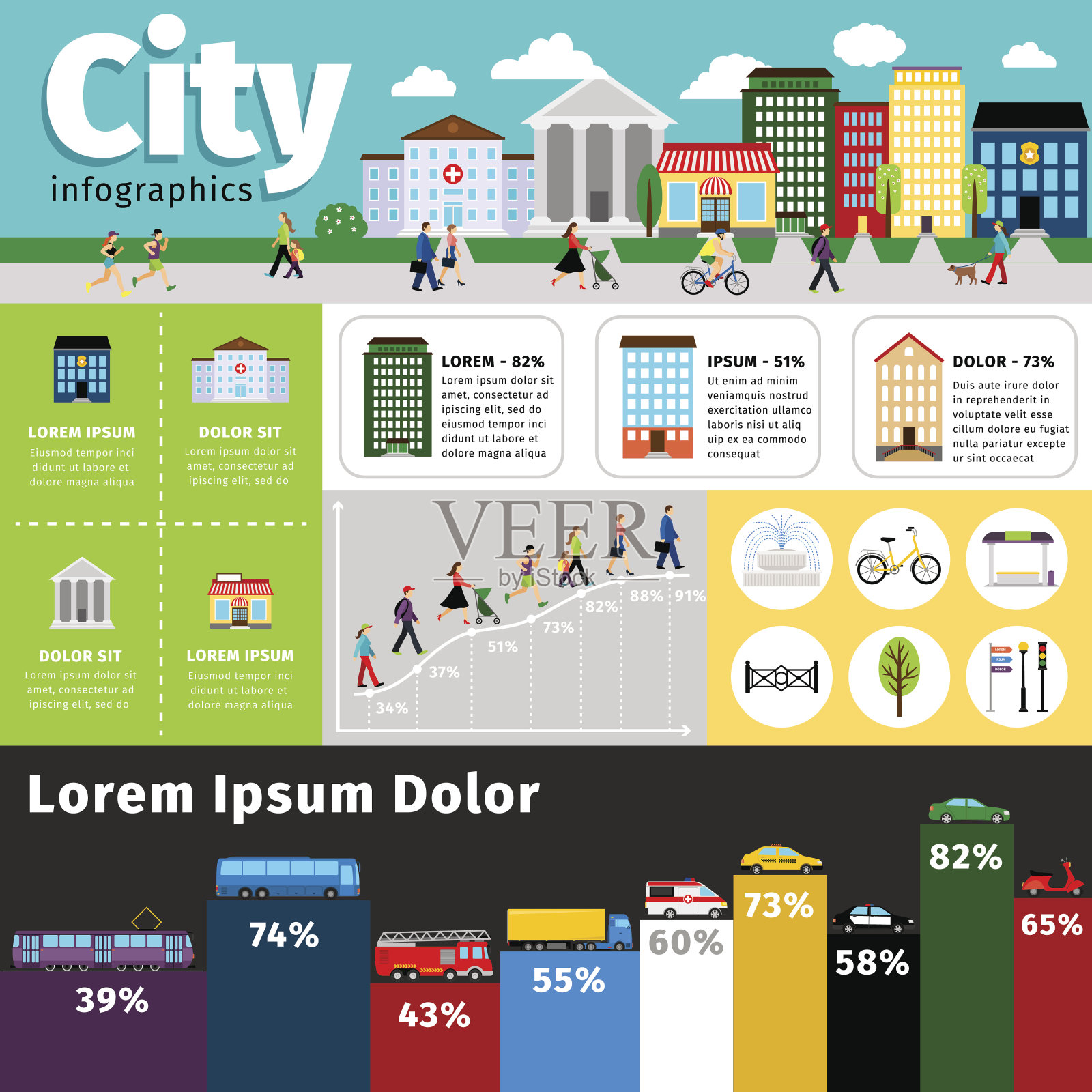 城市信息图表元素。矢量城市生活和城镇街道，交通建筑信息矢量插图设计模板素材