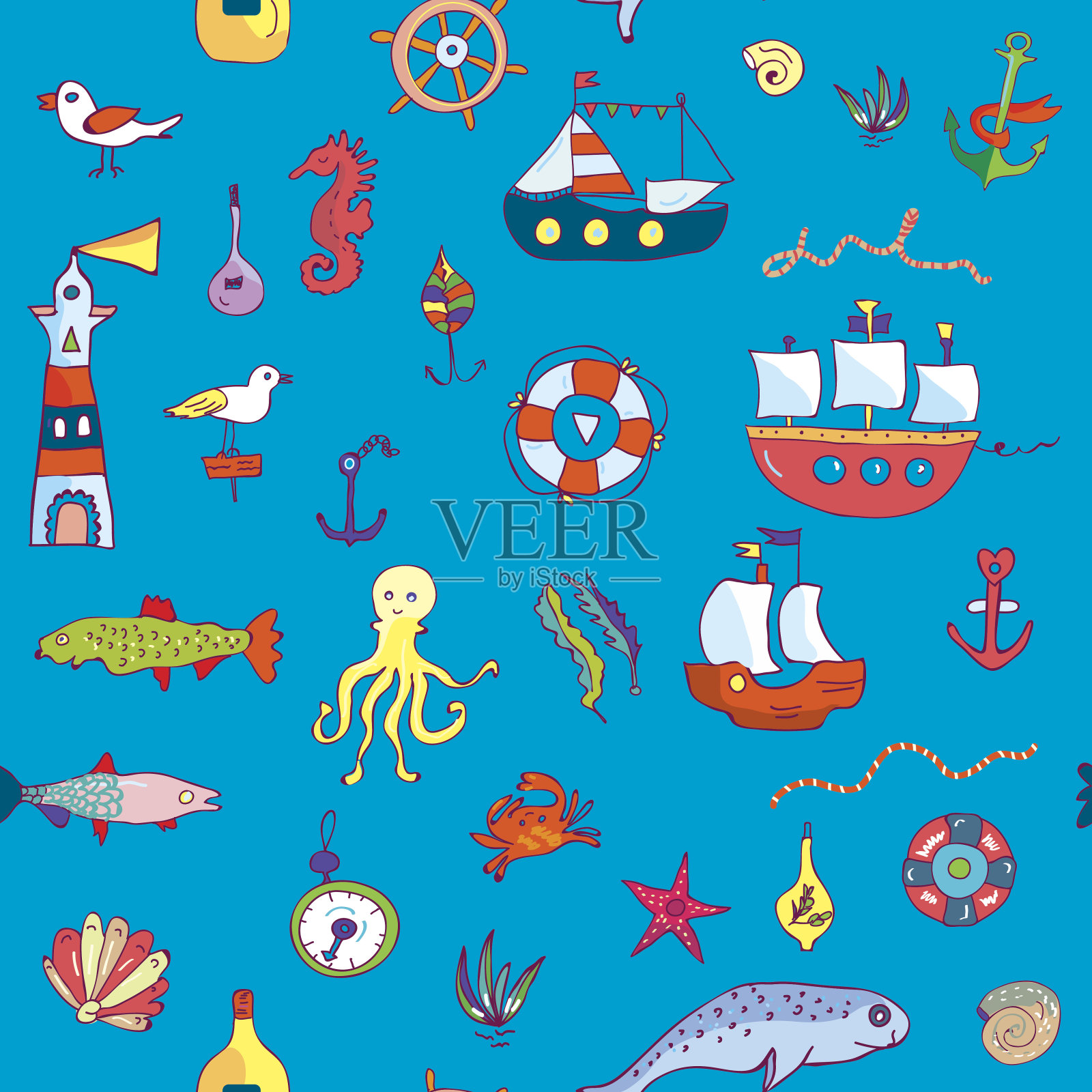 海洋生物无缝图案有趣的涂鸦纺织品或壁纸-矢量插图插画图片素材