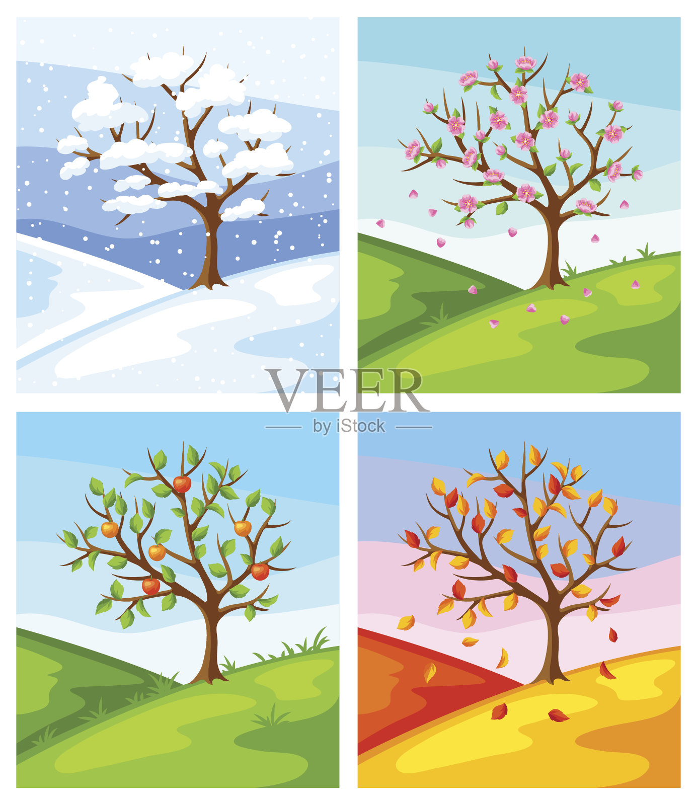 四个季节在冬天,春天,夏天,秋天的树和景观插图插画图片素材