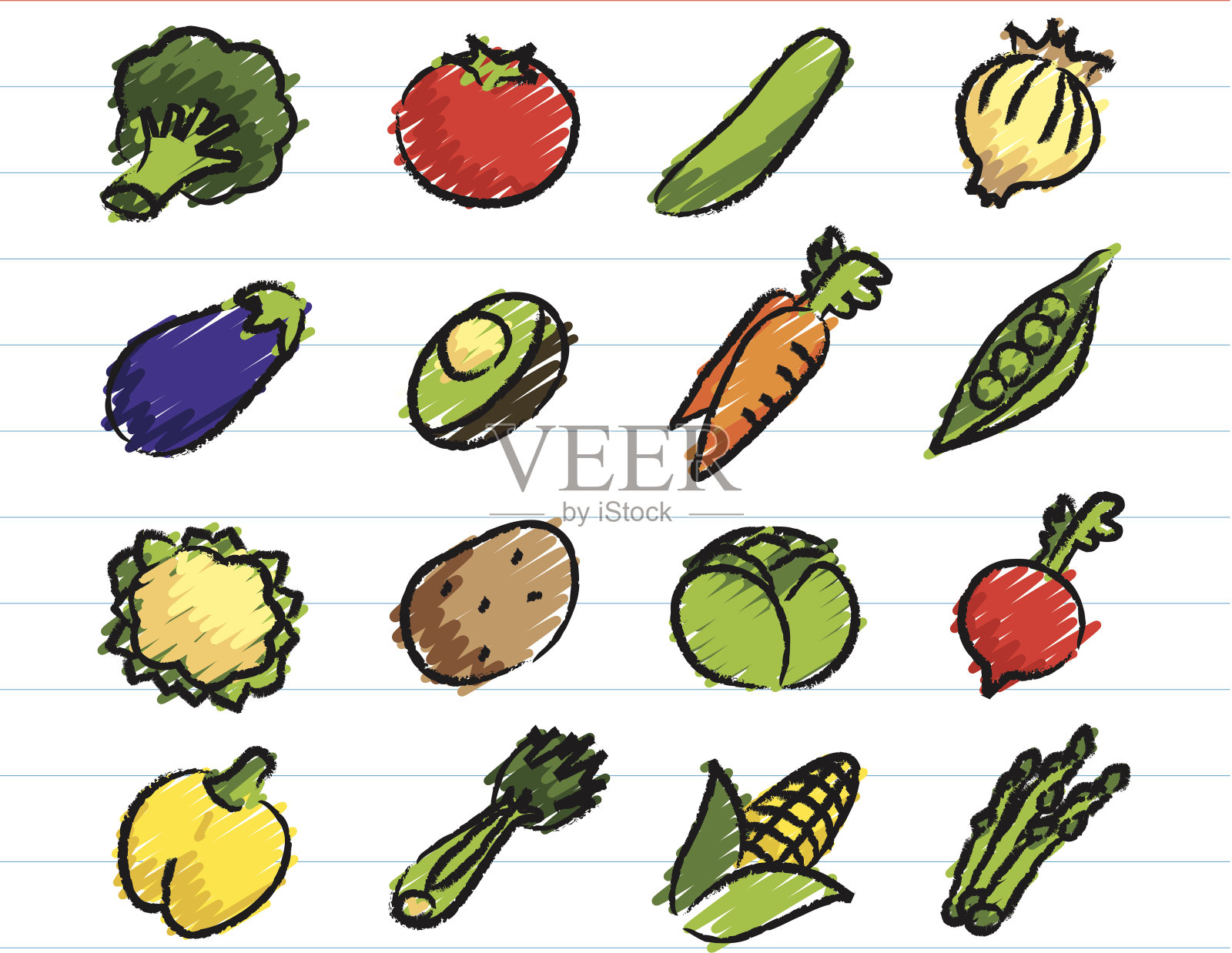 用蜡笔绘制的蔬菜图标插画图片素材