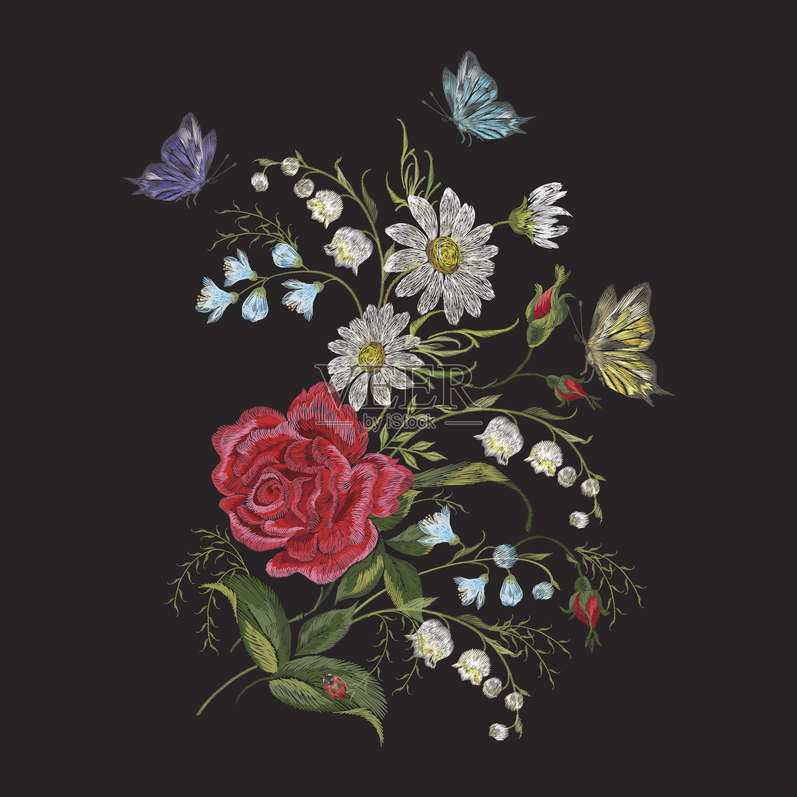 刺绣鲜艳的趋势花卉图案与蝴蝶。插画图片素材