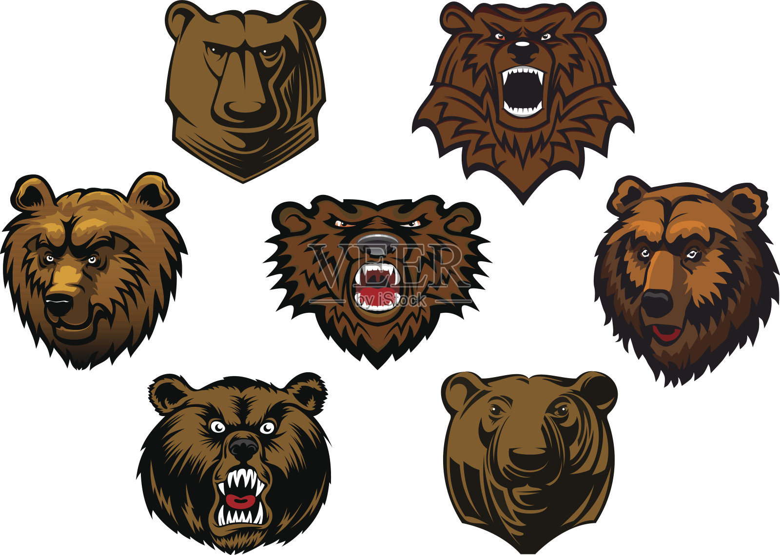 不同的棕熊头插画图片素材