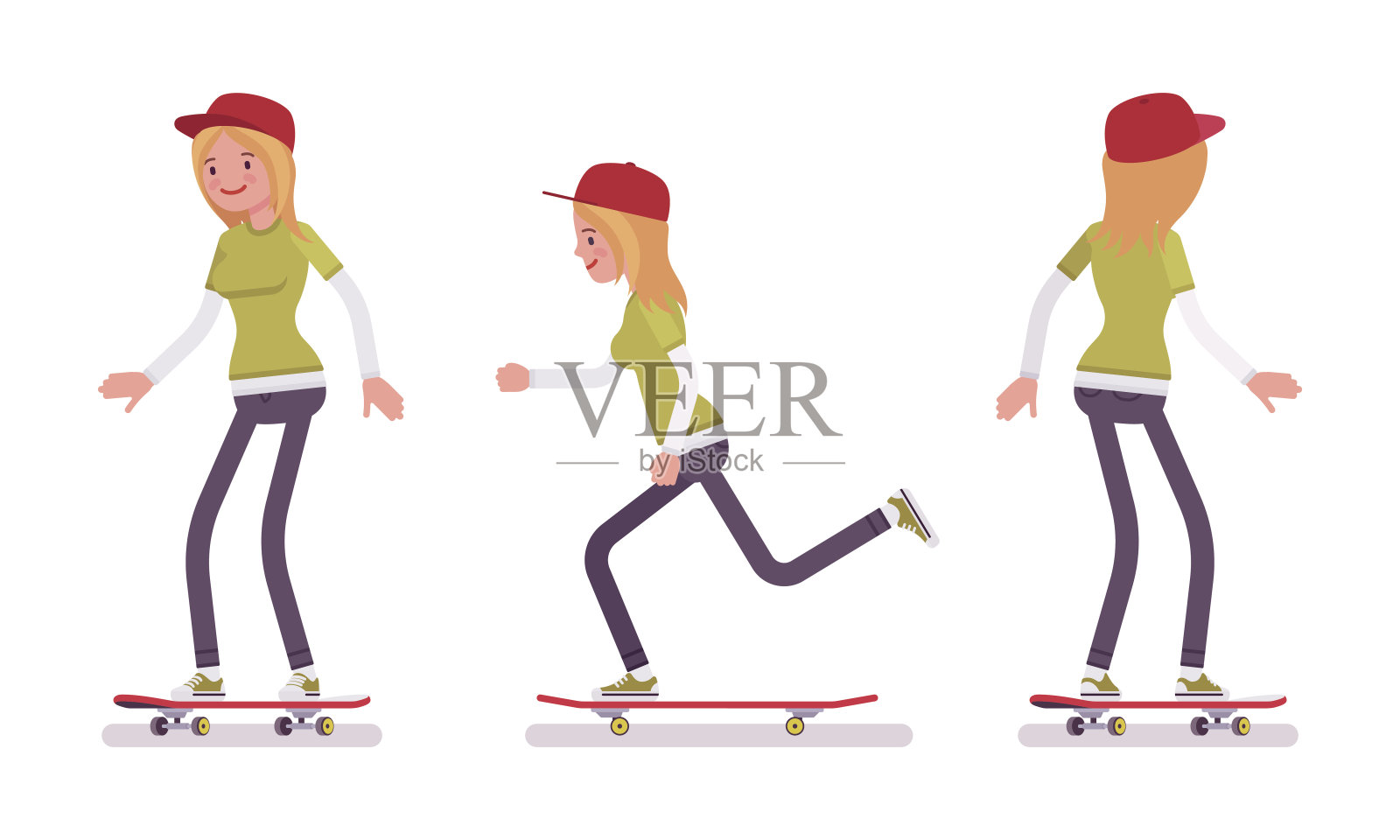 玩滑板的女孩，在运动中骑马插画图片素材