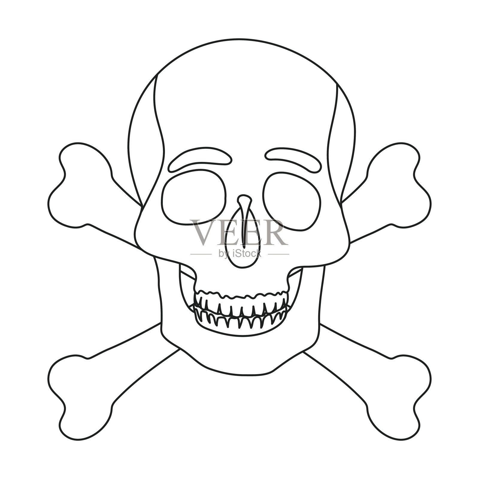 海盗的头骨和交叉骨头图标在轮廓风格孤立的白色背景。海盗符号股票矢量插图。插画图片素材
