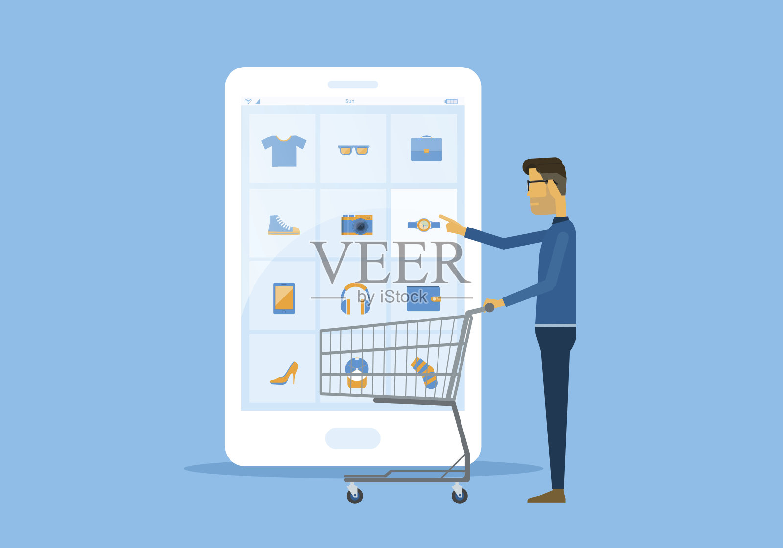 平向量商业在线购物和电子商务概念与商人接触智能手机插画图片素材