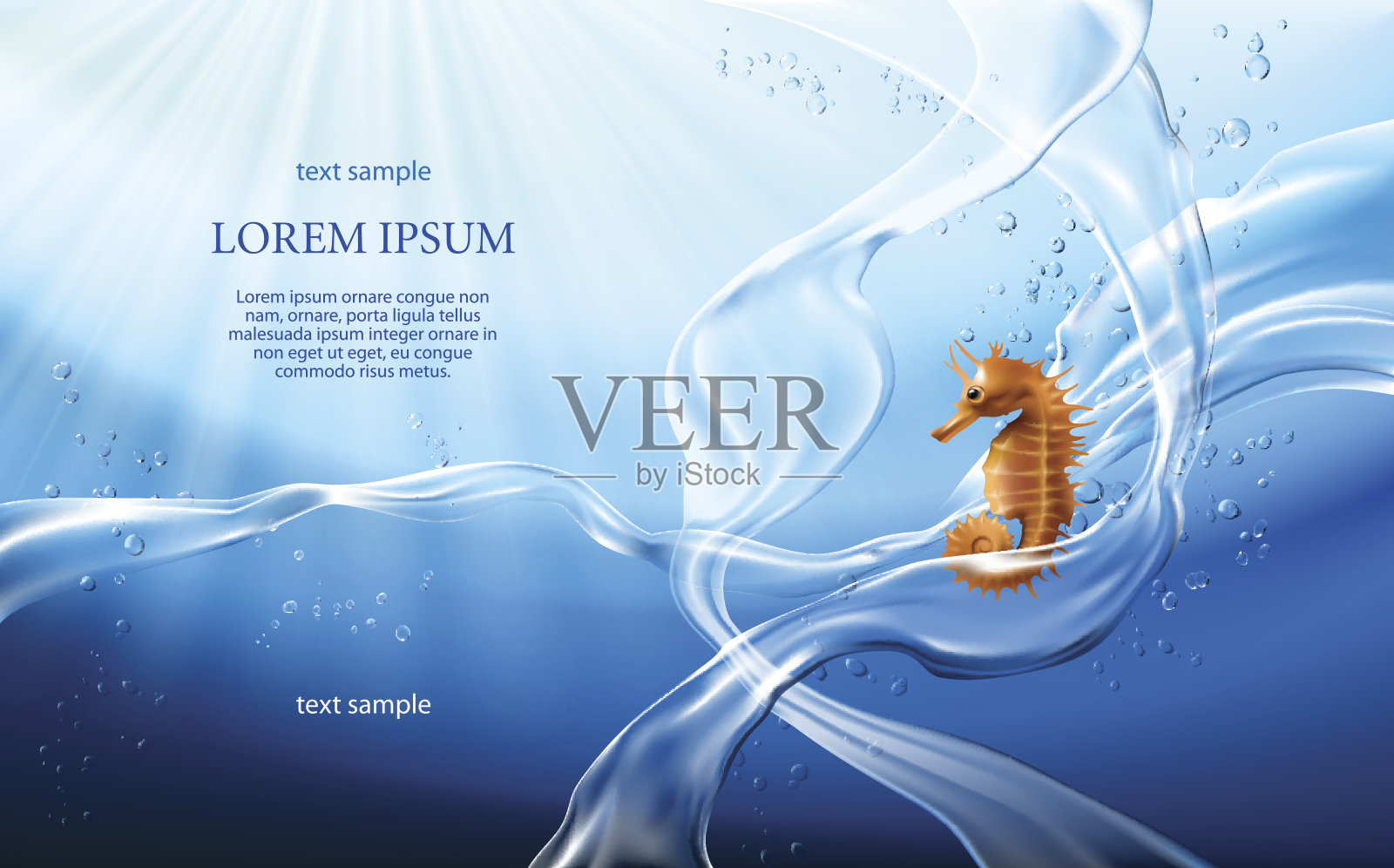 淡蓝色背景与流动和水晶清澈的水和海马滴插画图片素材
