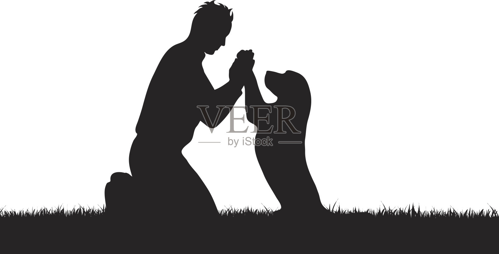 向量剪影的男孩与狗在白色的背景。插画图片素材