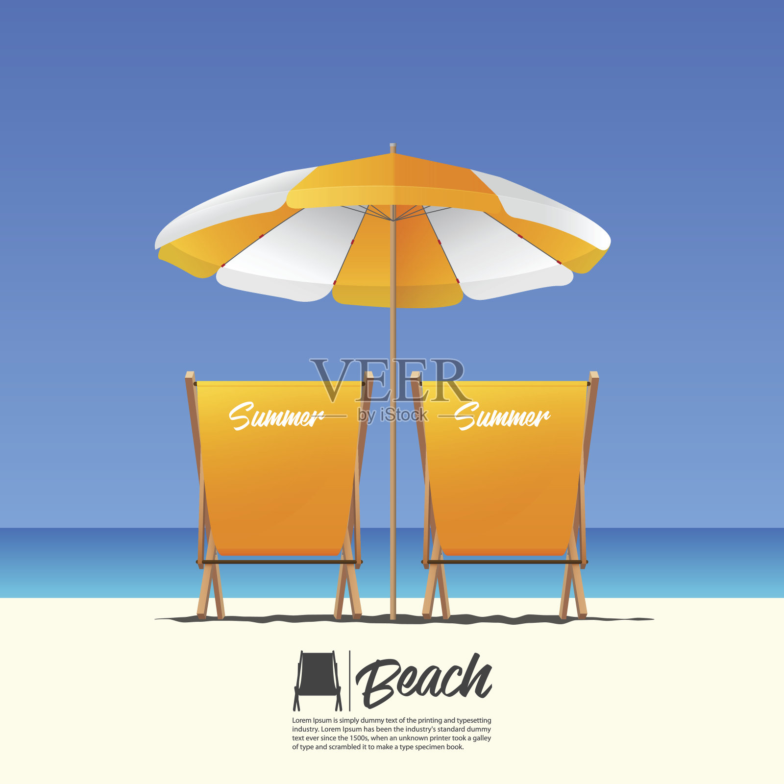 两张橙色的夏日沙滩椅和橙色的沙滩伞。蓝色渐变天空背景。插画图片素材