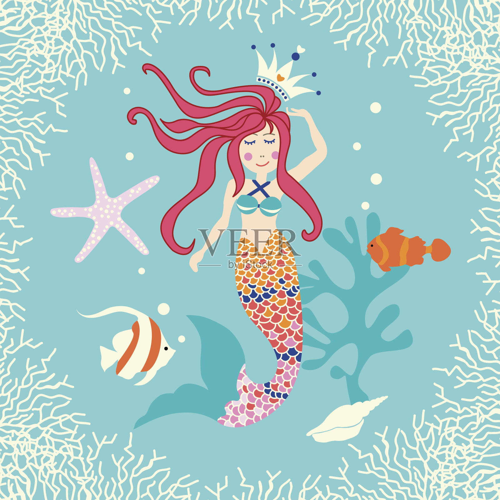 可爱的珊瑚礁卡片与美人鱼，鱼，海贝，海星和树叶。插画图片素材