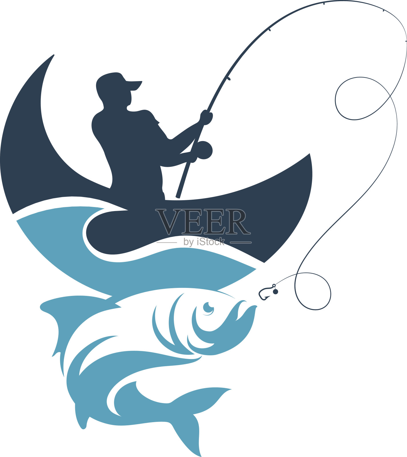 渔夫从波浪中的小船上抓鱼插画图片素材