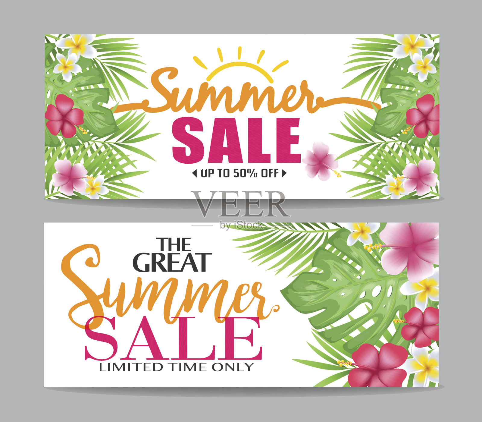 花卉夏季销售横幅与热带树叶和彩色花朵插画图片素材
