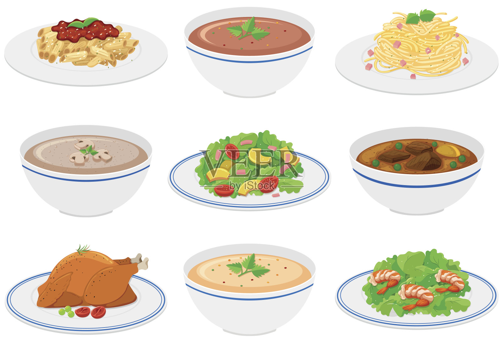 不同种类的食物放在盘子和碗里插画图片素材