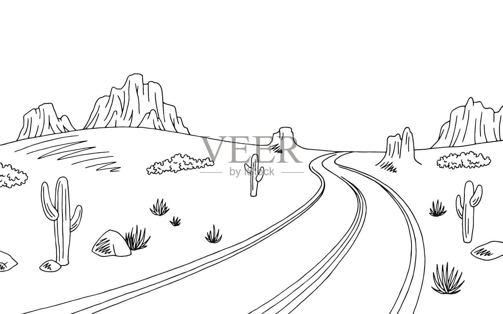 草原道路图形黑白景观素描插图矢量插画图片素材