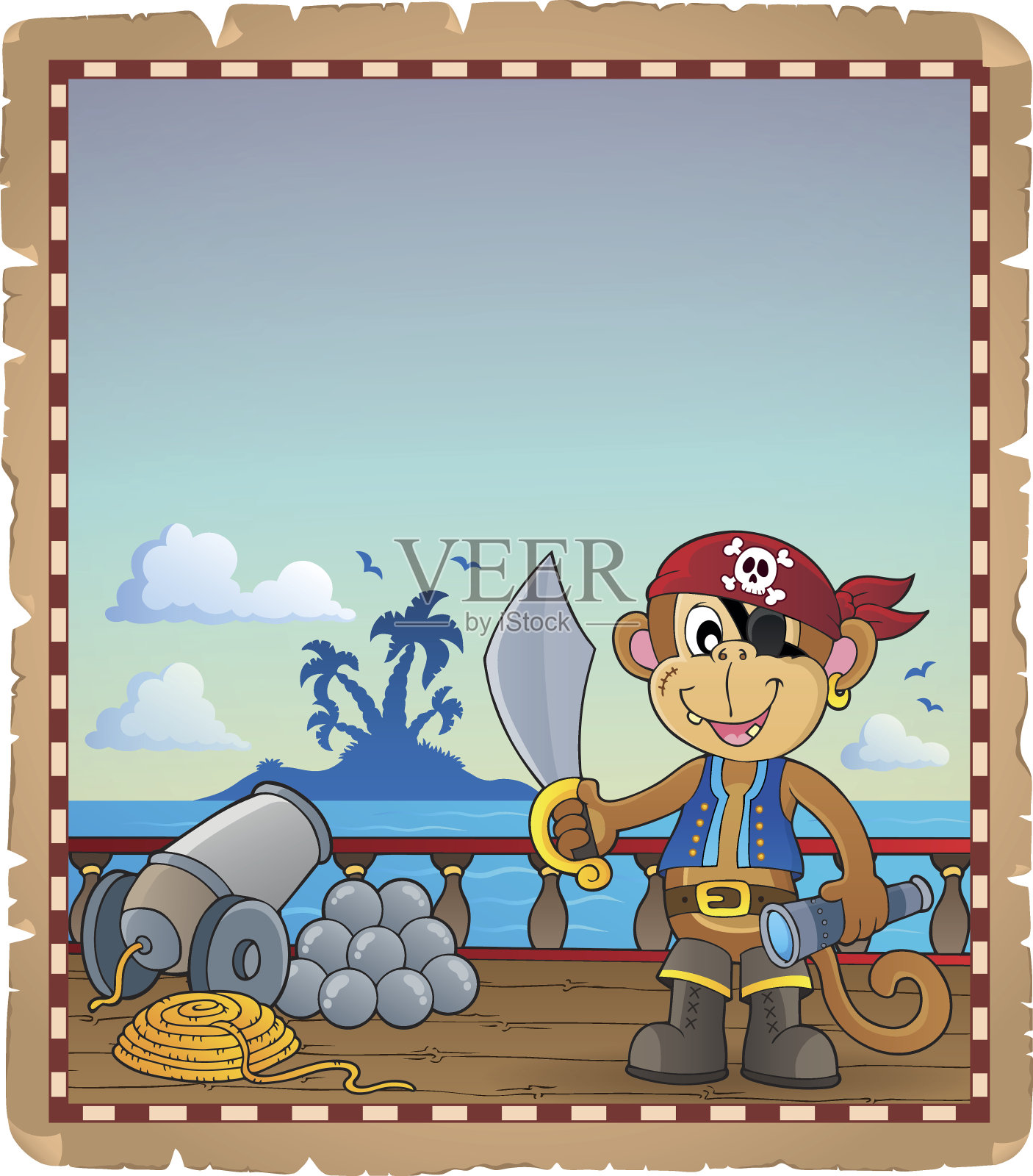 羊皮纸和海盗猴子在船上插画图片素材