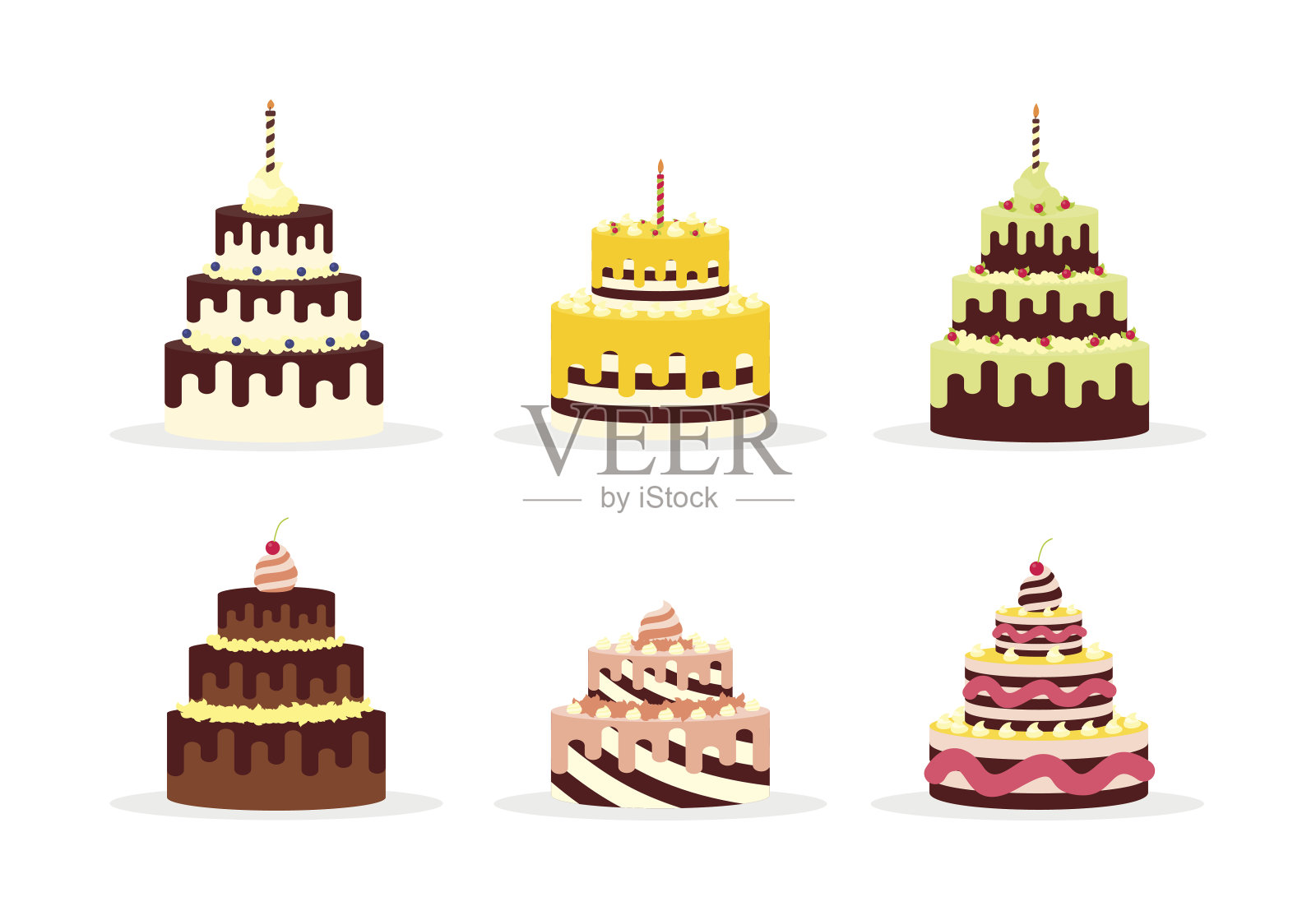 一套美味的蛋糕与奶油生日，婚礼，周年纪念和其他庆祝。矢量插图的平面设计孤立在白色背景设计元素图片