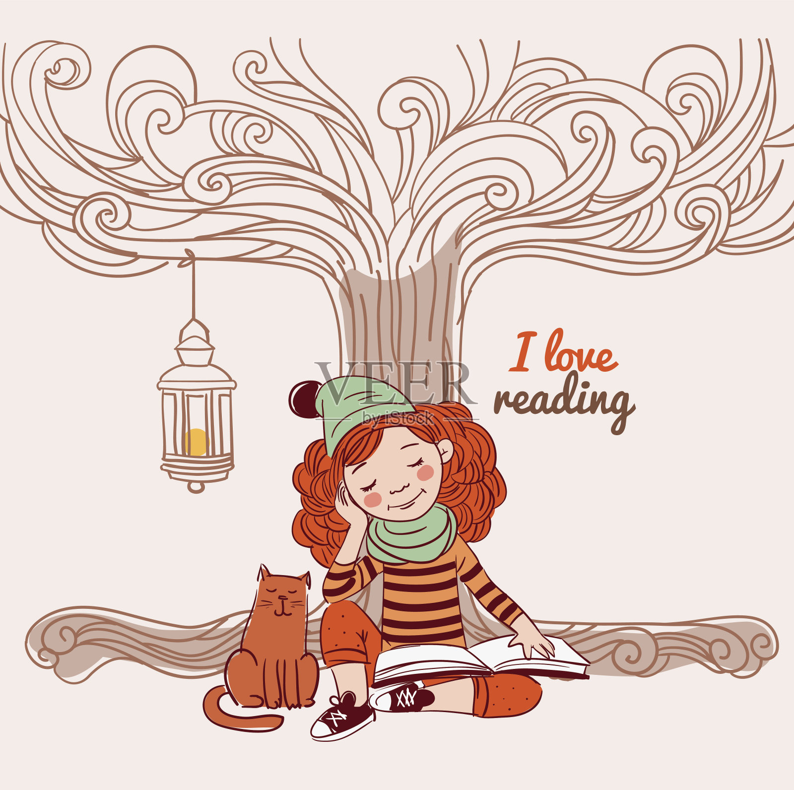 可爱又有趣的女孩在树下看书插画图片素材