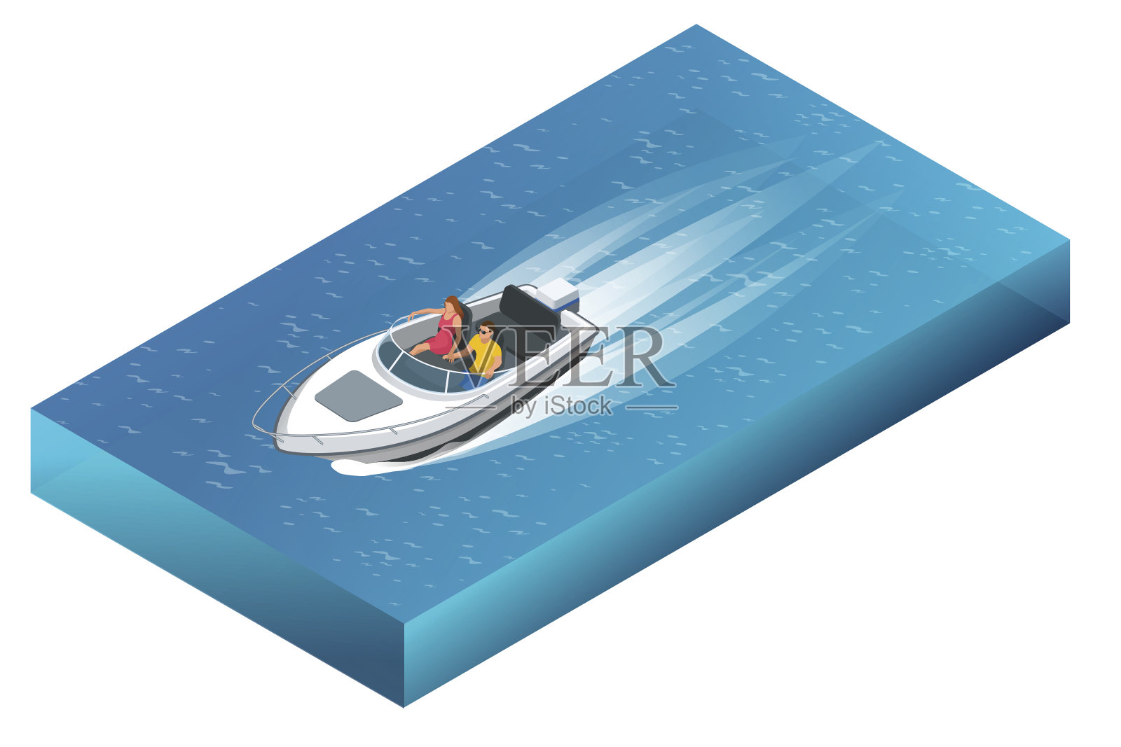 一艘豪华的汽艇载着男女在美丽的蓝色水域中航行。平面三维矢量等角插图插画图片素材