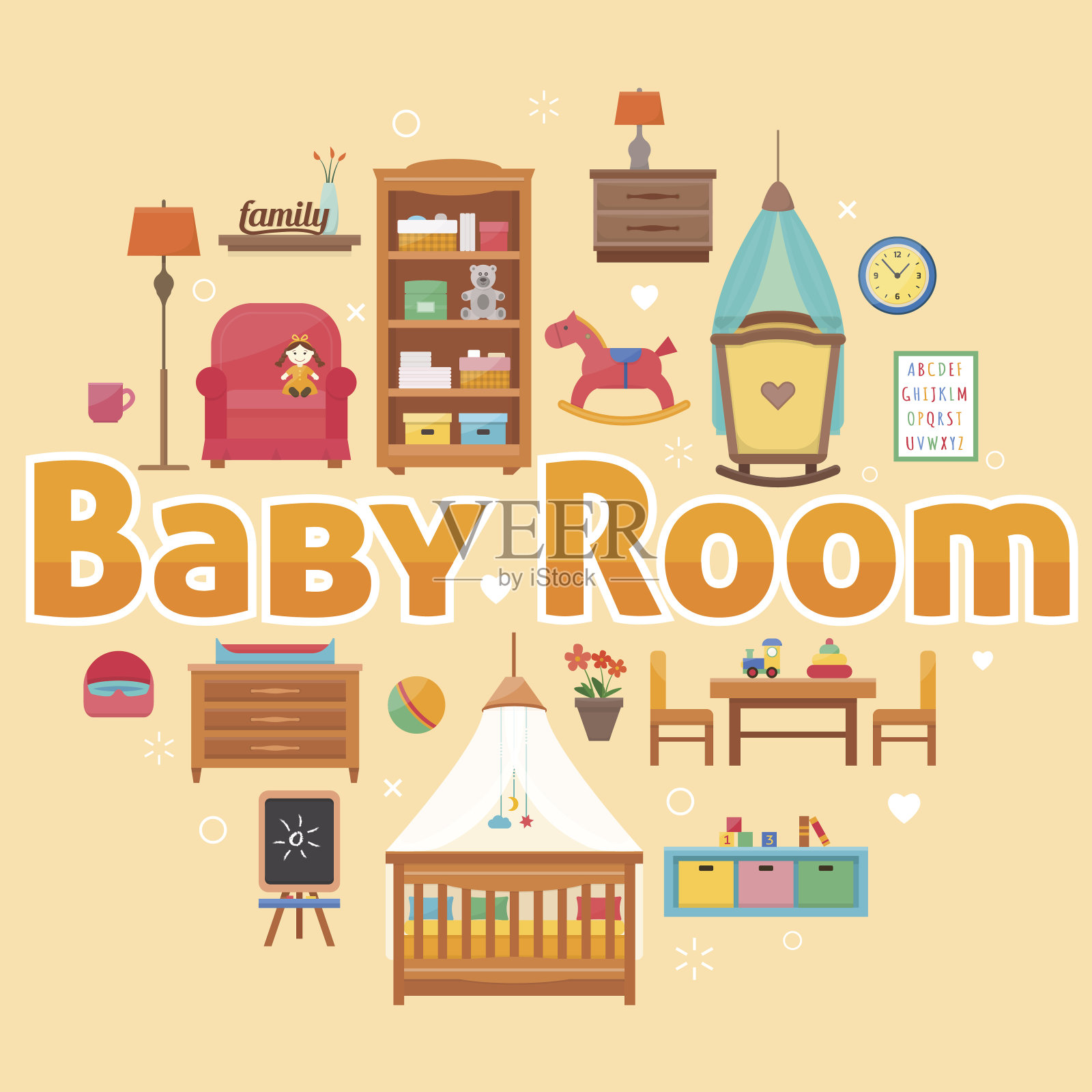 有家具的婴儿房。插画图片素材