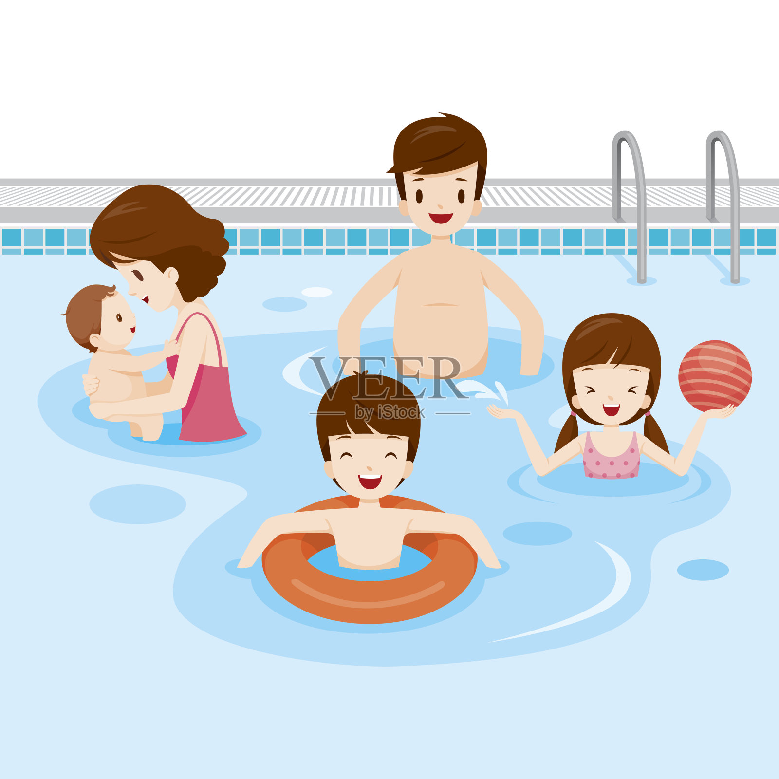 一家人在游泳池里放松插画图片素材