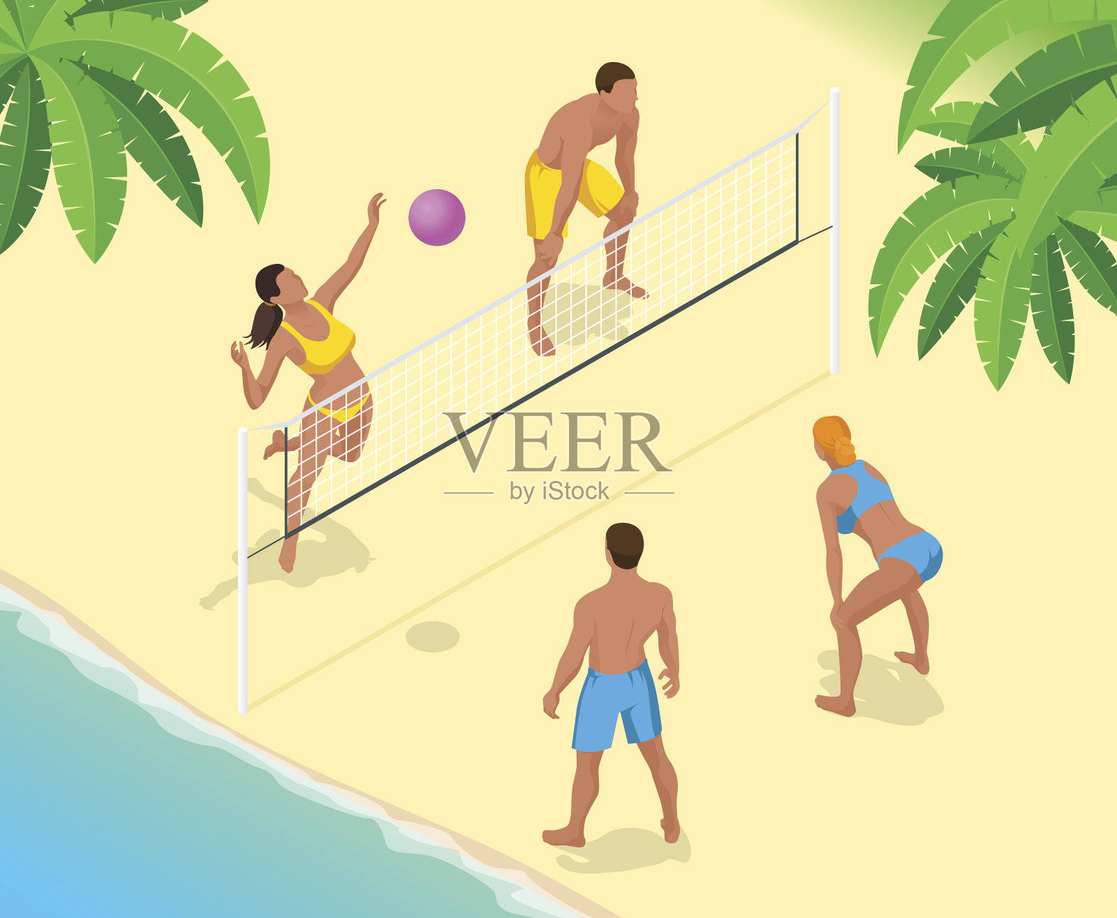 沙滩排球运动员在网上跳，并试图阻止球。夏季活跃的假期概念。向量等距插图插画图片素材
