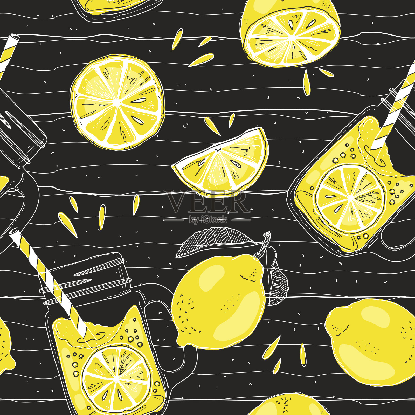 柠檬和柠檬水无缝图案，柠檬背景插画图片素材