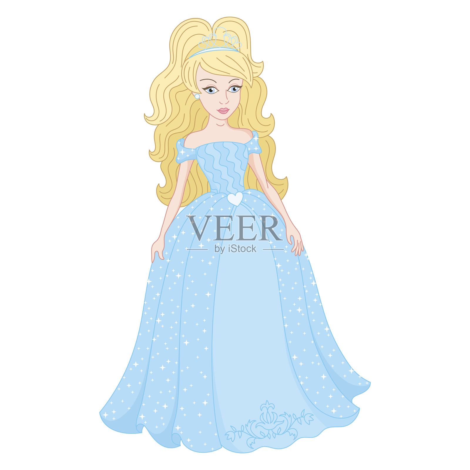 温柔的公主穿着闪闪发光的青色连衣裙插画图片素材