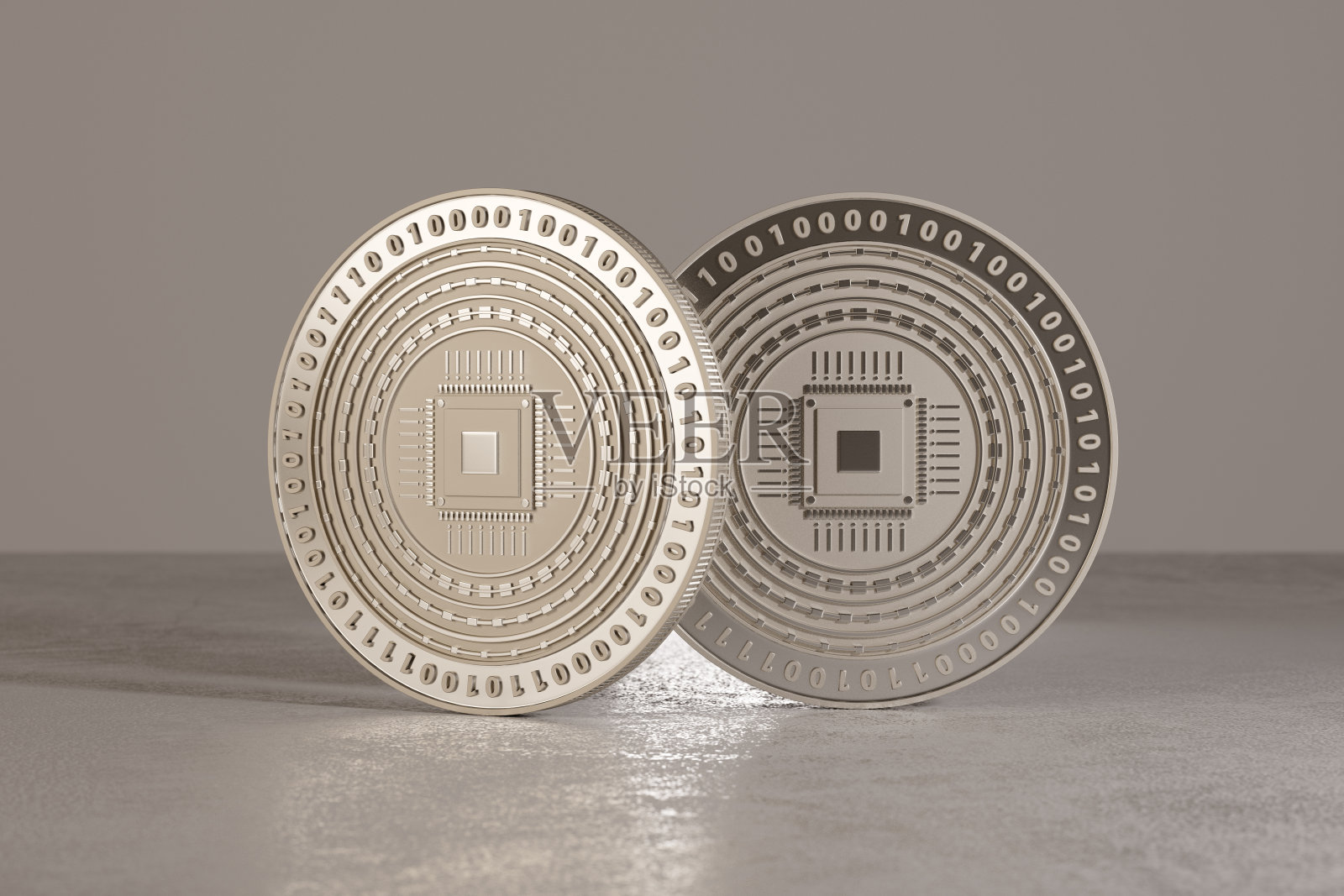 银数字加密货币硬币站在金属地板上照片摄影图片
