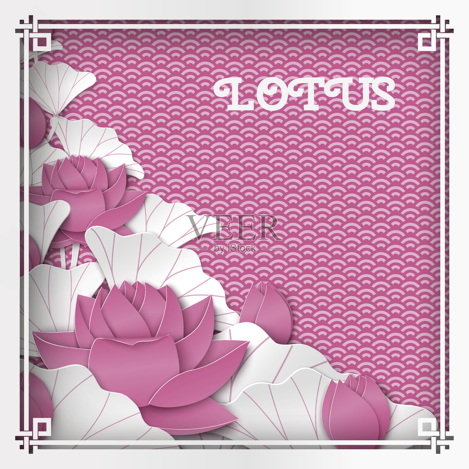 东方花卉背景与粉红色荷花和华丽的切割框架在粉红色图案的背景贺卡插画图片素材