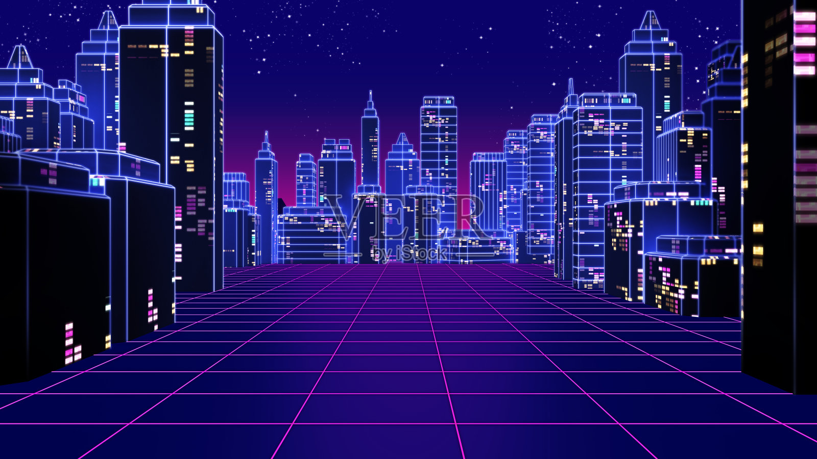 复古的未来主义摩天大楼城市80年代风格3d插图。照片摄影图片