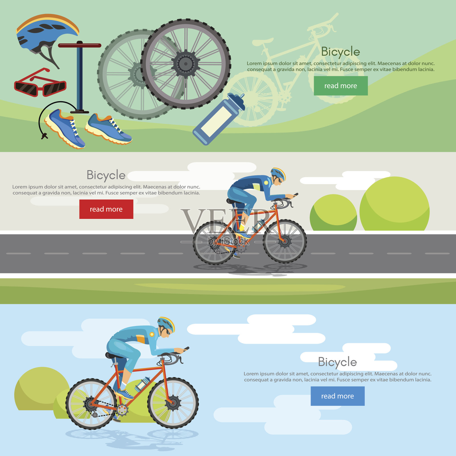 自行车旗帜活跃的生活方式运动图标设置自行车骑手矢量。运动单车比赛概念插画图片素材